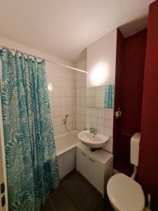a bathroom with a sink and a shower curtain at Monteurwohnung Mockau in Leipzig