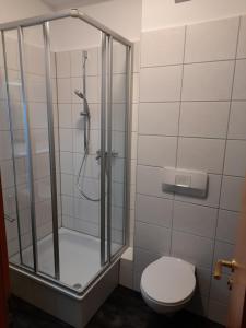 a bathroom with a shower and a toilet at Gasthof Goldener Hirsch in Bühlerzell