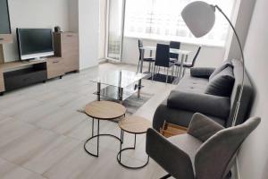 a living room with a couch and a table at Pláza Apartman - city center, free parking, free wifi in Debrecen