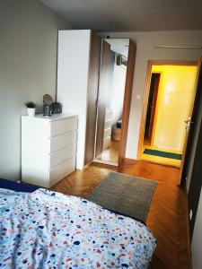 1 dormitorio con 1 cama, vestidor y pasillo en Sunshine Apartmanok Szeged, en Szeged