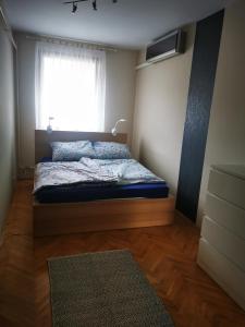 1 dormitorio con 1 cama con ventana y alfombra en Sunshine Apartmanok Szeged en Szeged