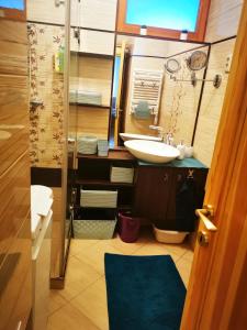 y baño con lavabo y ducha. en Sunshine Apartmanok Szeged en Szeged