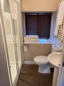 a bathroom with a toilet and a sink and a shower at Corncroft Guest House in Witney