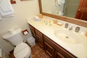 a bathroom with a sink and a toilet and a mirror at Mountainback #12, Loft in Mammoth Lakes +8 photos