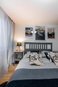a bedroom with a large bed with paintings on the wall at Flora Apartment Kosice Center in Košice