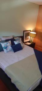 1 dormitorio con 1 cama con almohadas y lámpara en Terraços de Seixas, en Caminha