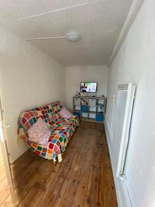 ein Wohnzimmer mit Sofa und Fernseher in der Unterkunft Appart au 1 etage in Saint-Rémy-sur-Durolle