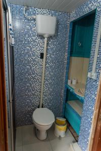 La salle de bains est pourvue de carrelage bleu, de toilettes et d'un lavabo. dans l'établissement Pousada Recanto Tropical, à Ilha do Mel