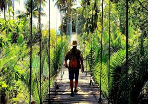 un hombre caminando a través de un puente colgante en la jungla en Arkadia Beach Resort by RedDoorz, en Sabang