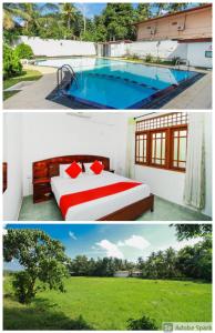 duas fotografias de um quarto e uma piscina em Airport Green View Resort em Andiambalama
