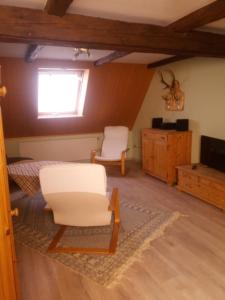 Sala de estar con 2 sillas blancas y TV en Windmühlenhof, en Dittmannsdorf