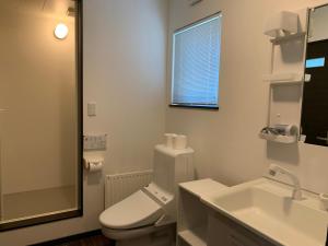 La salle de bains est pourvue de toilettes, d'un lavabo et d'un miroir. dans l'établissement Momiji Montana, à Furano