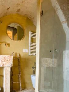 a bathroom with a shower and a toilet and a mirror at Trulli Antichi Mestieri - Widespread Trulli in the historic center in Alberobello