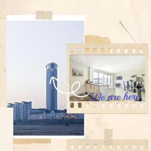 a collage of photos of a city with the words we are here at Beach on the doorstep Meridian Tower Marina Swansea in Swansea