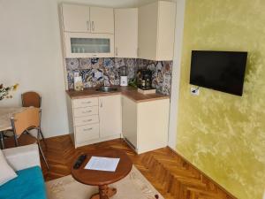 cocina pequeña con mesa pequeña y TV en Apartman Bubamara, en Arilje