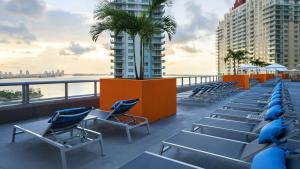 a row of lounge chairs sitting on top of a beach at Hyatt Centric Brickell Miami in Miami