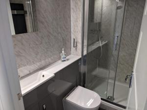 a bathroom with a shower and a toilet and a sink at The Halfway House Inn in Leeds