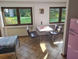 a room with a table and chairs and a table and windows at Fifties Apartment Bechhofen in Bechhofen