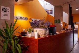 um lobby com um vaso de flores sobre um balcão em Hotel Prunk em Sežana