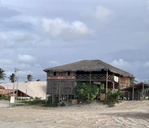 a building with a straw roof on a beach at Casa tartaruga in Castelhanos