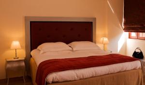 a large bed in a bedroom with two lamps at Valis Resort Hotel in Volos