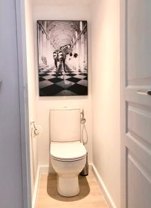 a bathroom with a toilet with a picture on the wall at STEPS TO THE BEACH apart in CANNES with Parking in Cannes