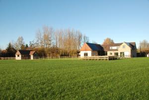 um grande campo de relva verde com casas ao fundo em Vakantiewoning Kastijd Kortessem em Kortessem