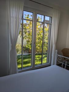 een slaapkamer met een bed en een groot raam bij Haus zur Aach in Uhldingen-Mühlhofen