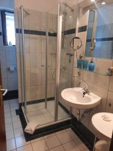 a bathroom with a shower and a sink at Nielsen Appartment 2 in Hüsby