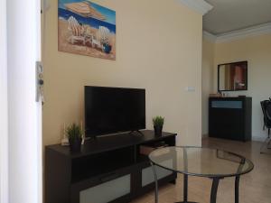 - un salon avec une télévision et une table en verre dans l'établissement Casa de Fabian Appartment + WIFI near beach/port, à La Manga del Mar Meno