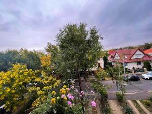 widok na ogród z kwiatami i parking w obiekcie Greatforest Rosehill 1 Apartman w Debreczynie
