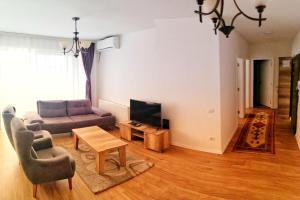 Sunflower Apartments في بريشتيني: غرفة معيشة مع أريكة وتلفزيون