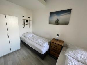 1 dormitorio con 2 camas, vestidor y una foto en Appartement 209 en Julianadorp