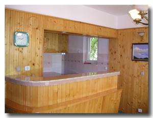 a kitchen with wood paneled walls and a window at Odesos Apartments in Varna City