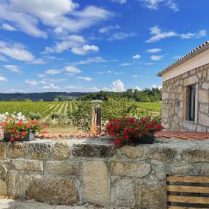 una pared de piedra con flores y un viñedo en Quinta da Corga, en Prova