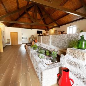 a living room with a stone wall with plants at Quinta da Corga in Prova