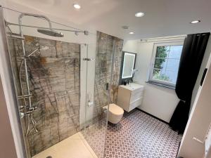 a bathroom with a shower and a toilet and a sink at Apartamenty MICHEL Gdańsk Centrum BOUTIQUE HOTEL in Gdańsk