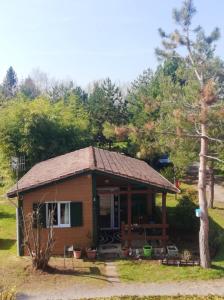 een kleine hut met een dak op een tuin bij Chalet de 2 chambres avec jardin amenage a Presles et Boves in Presles-et-Boves