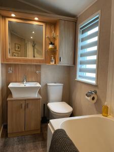 a bathroom with a sink and a toilet and a tub at Percy Wood Lodges with Hot Tubs in Swarland