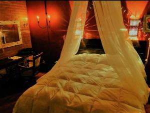 uma cama com uma rede mosquiteira num quarto em Pousada Romântica Serra da Mata em Penedo