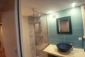 a bathroom with a shower with a toilet and a sink at Les berges du Doron in Planay