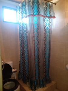 y baño con aseo y cortina de ducha. en Amarillo en Luján de Cuyo