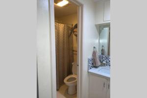 a bathroom with a toilet and a sink and a mirror at Studio Apt in Asian District in Oklahoma City