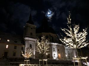 a building with christmas lights and trees at night at Ferienhaus Schneider-Sepp in Ettal