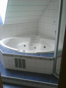 y baño con ducha y bañera blanca. en Ferienwohnung Hammerlhaus-Zirngast, en Eibiswald