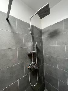 a shower with a shower head in a bathroom at Gray Apartments Busteni in Buşteni +48 photos