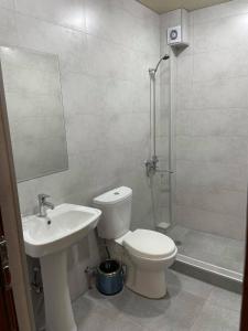 y baño con aseo, lavabo y ducha. en Hotel Shogi en Zugdidi