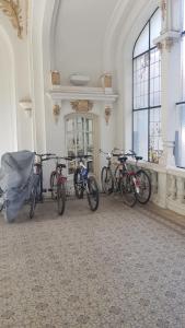 grupa rowerów zaparkowanych w pokoju w obiekcie Аpartements in the historical center df Vichy,hotel Imperial. w mieście Vichy
