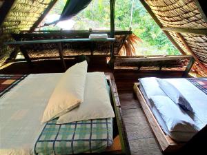 two beds in a room with a window at Lodge El Amargal - Reserva Natural, Ecoturismo & Surf in Nuquí