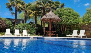 a pool with chairs and an umbrella and a table at Hotel Italiano in Colonia del Sacramento